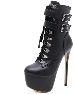 Pu Leer Hoge Hakken Enkellaarsjes 16.5Cm Wees Teen Hakken Herfst Winter Vrouwen Schoenen Side Zip Zwart Platform laarzen 4