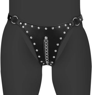 PU Leren Chastity Thong met Keten Detail - Zwart