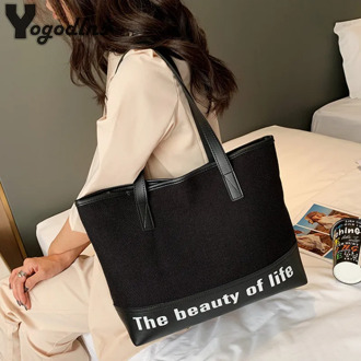 PU With Canvas Handbags Big Women Bag High Quality Casual Female Bags Trunk Tote Brand Shoulder Bag Ladies Large Bolsos