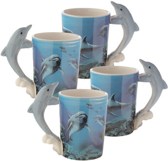 Puckator Koffiemok Dolfijn - 4x - met ornament - 280 ML - drinkbeker - dieren thema