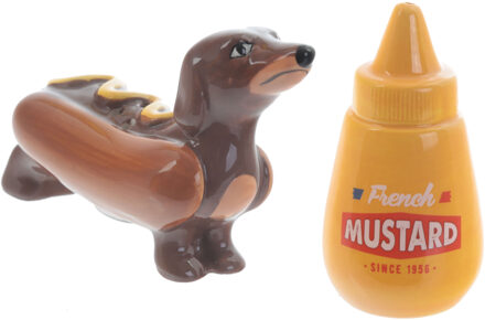 Puckator Peper en zout stel - hotdog hondje en mosterd - keramiek - cadeau setje - Peper en zoutstel