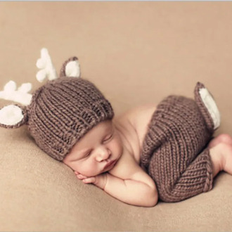 pudcoco Newborn Photography Costume Cute Knit Weave Deer Antler Hat + Fawn Tail Pants Props for Baby Boy Girl 0-3 Months