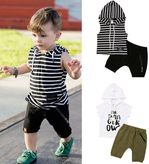 Pudcoco Ons Voorraad 0-4 Jaar 2 Stuks Peuter Baby Jongens Zomer Kleding Set Gestreepte Hooded Tops T-shirt Korte broek Jongen Outfits Set 2T