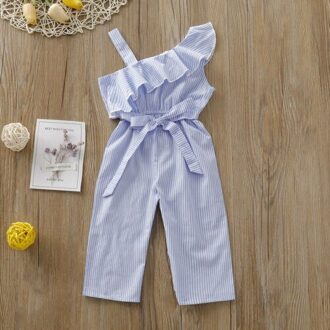 Pudcoco Zomer Baby Baby Kids Meisjes Romper Jumpsuit Off Shoulder Kleding Outfits Set Gestreepte Playsuit Blauw / 3T