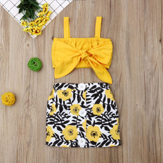 Pudcoco Zomer Peuter Baby Meisje Kleding Effen Kleur Strik Sling Crop Tops Bloemenprint Korte Rok 2 Stuks Outfits Sunsuit 3T