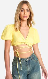 Puff Sleeve Knot Front Crop Top, Lemon - 42