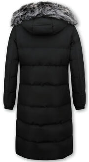 Puffer jacket lang met capuchon - maat S Zwart