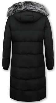 Puffer jacket lang met capuchon - maat XS Zwart