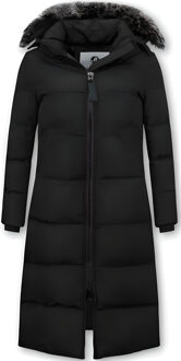 Puffer jacket lang met capuchon Zwart - XS
