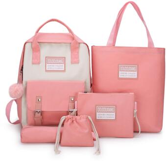 Puimentiua 5 Stk/set High School Rugzak Tassen Voor Tienermeisjes Canvas Rugzak Vrouwen Bookbags Tiener Student Schooltas roze