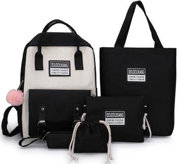 Puimentiua 5 Stk/set High School Rugzak Tassen Voor Tienermeisjes Canvas Rugzak Vrouwen Bookbags Tiener Student Schooltas zwart