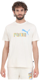 PUMA Sportieve Beige T-shirt met Logo Print Puma , Beige , Heren - Xl,L,M