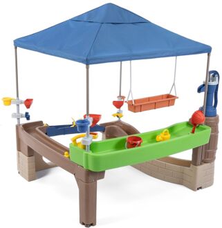 Pump & Splash Shady Oasis speelhuisje met waterspeelgoed Kunststof patio voor kinderen met waterpomp, watertafel Bruin