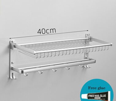 Punch-Gratis Badkamer Accessoires Ruimte Aluminium Double-Layer Opbergrek Muur Gemonteerde Kleren Mand Met Haak Handdoek houder zilver 40cm