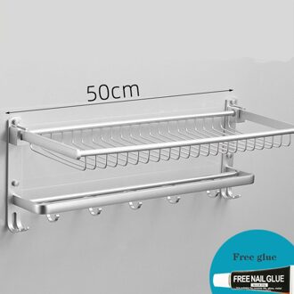 Punch-Gratis Badkamer Accessoires Ruimte Aluminium Double-Layer Opbergrek Muur Gemonteerde Kleren Mand Met Haak Handdoek houder zilver 50cm