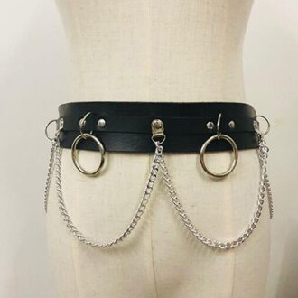 Punk Gothic Faux Lederen Riem Metalen Ketting Ring Taille Strap Street Dance Decor zwart