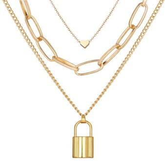 Punk Multi-layer Lock Ketting Hanger Ketting Voor Vrouwen Vintage Gouden Hart Chunky Ketting Choker Kettingen Trend Sieraden CS5759