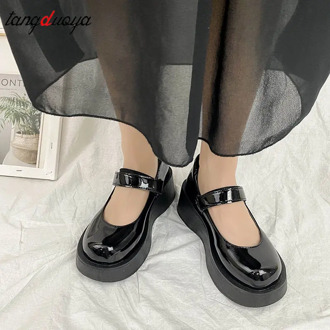 Punk shoes Women High Heels Buckle Casual Shoes Woman Black Round Toe Mary Jane Shoes Platform Wedges Leather Lady Pumps heels