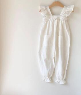 Pure White Flying Mouwen Baby Meisjes Bretels Katoen Linnen Huidvriendelijke Kinderen Een Stuk Jumpsuit Pocket Broek kleding 3T