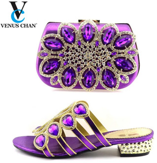 Purple Color 2020 New Arrival African Rhinestone Slippers With Bag Set Italian Pretty Pumps Women Shoes And Bag To Match Set