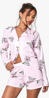 Pyjama Set Met Cocktailprint Langmouw Shirt En Shorts, Light Pink - 38