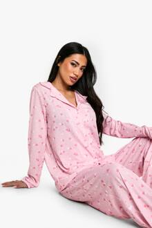 Pyjama Set Met Hartprint, Lange Mouwen Overhemd & Broek, Pink - 38