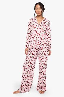 Pyjama Set Met Kersenprint Overhemd Met Lange Mouwen En Broek, Pink - 36