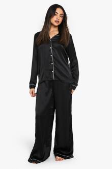 Pyjama Set Met Pijpendetail In Satijn: Overhemd Met Lange Mouwen & Broek, Black - 38
