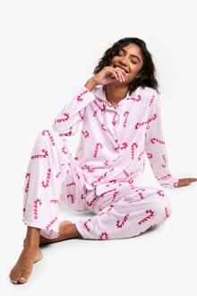 Pyjama-Set Voor Lange Maten: Kerst Candy Cane Print Langmouwshirt & Broek, Pink - 42
