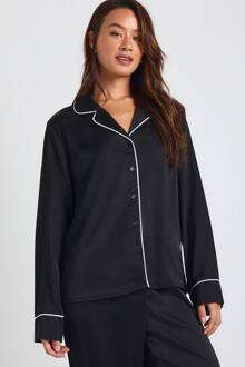 Pyjama Set Voor Lange Maten: Langmouwig Overhemd En Broek Met Satijnbiesdetail, Black - 44