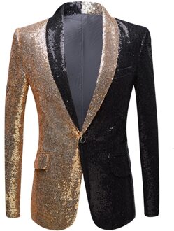Pyjtrl Mannen Half Kleuren Goud Rood Zwart Pailletten Slim Fit Blazers Night Club Zangers Sequin Jasje Shawl Revers party Wear goud zwart kleur / US size S 38R