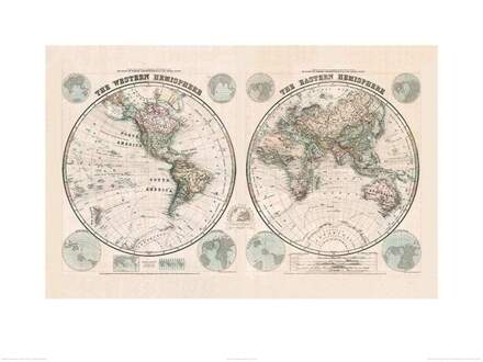 Pyramid Kunstdruk Stanfords - Eastern and Western Hemispheres Map 1877 60x80cm Divers - 60x80 cm