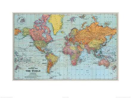 Pyramid Kunstdruk Stanfords - General Map of the World 1920 60x80cm Divers - 60x80 cm