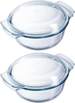 Pyrex Ovenschaal/braadslede 1,3 liter - 2x - rond met deksel - glas - 18 x 10 x 21 cm - Ovenschalen Transparant