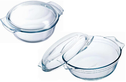 Pyrex Ovenschalen set van glas met deksel - 2x - 3,0 en 2,1 liter - met easy grip - Ovenschalen Transparant