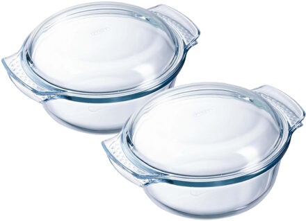 Pyrex ronde glazen ovenschaal met deksel - 2x - 1,4 liter - 21 x 18 x 10 cm - Ovenschalen