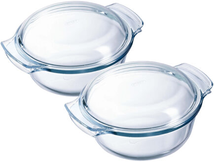 Pyrex ronde glazen ovenschaal met deksel - 2x - 3 liter - 27 x 23 x 11 cm - Ovenschotel schalen