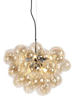 QAZQA Art Deco hanglamp zwart met Amber glas 8-lichts - Uvas Goud