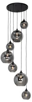 QAZQA Art Deco Hanglamp Zwart Met Smoke Glas Rond 7-lichts - Sandra