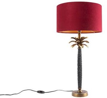 QAZQA Art Deco tafellamp brons met velours rode kap 35 cm - Areka Rood
