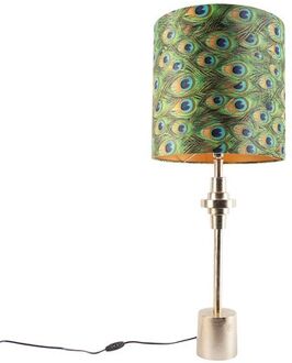 QAZQA Art Deco tafellamp goud velours kap pauw dessin 40 cm - Diverso Multicolor, Goud