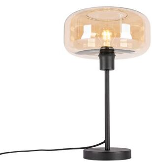 QAZQA Art deco tafellamp zwart met amber glas - Bizle Beige