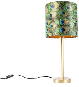 QAZQA Botanische tafellamp messing met pauw kap 25 cm - Simplo Multicolor, Goud