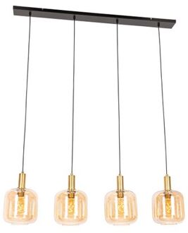 QAZQA Design hanglamp zwart met messing en amber glas 4-lichts - Oranje