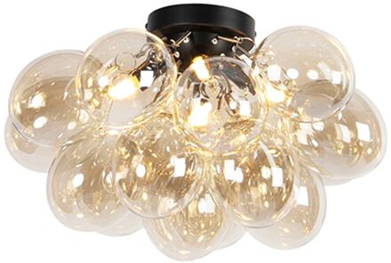 QAZQA Design plafondlamp zwart met amber glas 4-lichts - Uvas Goud