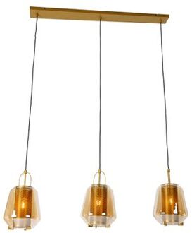 QAZQA Hanglamp goud met amber glas 23 cm langwerpig 3-lichts - Kevin