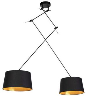 QAZQA Hanglamp Zwart Met Katoenen Kappen Zwart Met Goud 35 Cm 2-lichts - Blitz