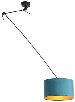 QAZQA Hanglamp Zwart Met Velours Kap Blauw Met Goud 35 Cm - Blitz