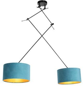 QAZQA Hanglamp Zwart Met Velours Kappen Blauw Met Goud 35 Cm 2-lichts - Blitz