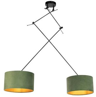 QAZQA Hanglamp Zwart Met Velours Kappen Groen Met Goud 35 Cm 2-lichts - Blitz